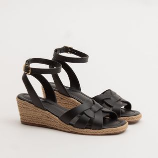 Anabela em Couro com Salto Forrado na Corda - PRETA