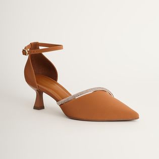 Scarpin de Bico Fino com Tira Strass - CAMEL