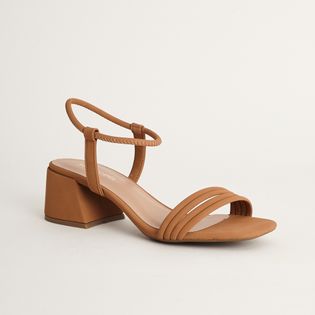 Sandália de Salto Bloco com Tiras Meia Cana em Nobuck - CAMEL