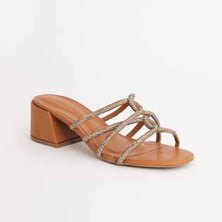 Tamanco Tiras Entrelaçadas com Strass - CAMEL/DOURADO
