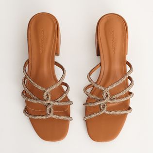 Tamanco Tiras Entrelaçadas com Strass - CAMEL/DOURADO
