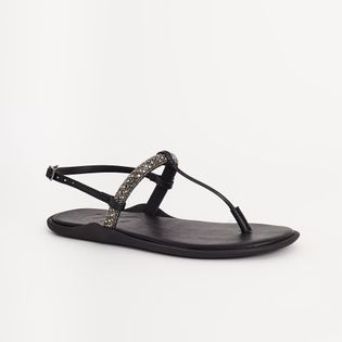 Rasteira de Bico Redondo Tira Strass - PRETO/PEWTER