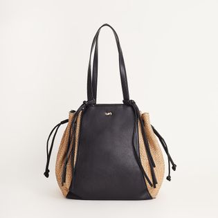 Bolsa em napa com laterais em ráfia - PRETO/NATURAL