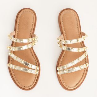 Rasteira Tiras Tachas - CHAMPAGNE