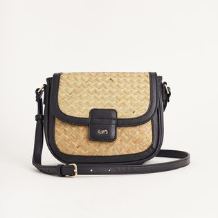 Bolsa pequena em napa e ráfia - PRETO/NATURAL
