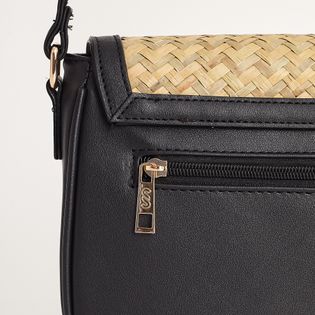 Bolsa pequena em napa e ráfia - PRETO/NATURAL