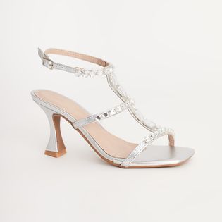 Sandália alta metalizada com pedrarias - PRATEADO