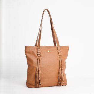 Bolsa G em couro com franja - CAMEL