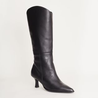 Bota longa em couro com salto agulha - PRETA