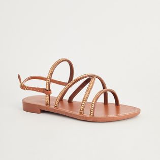 Rasteira Tiras Finas Strass - CAMEL/DOURADO