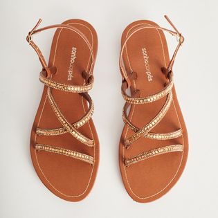 Rasteira Tiras Finas Strass - CAMEL/DOURADO